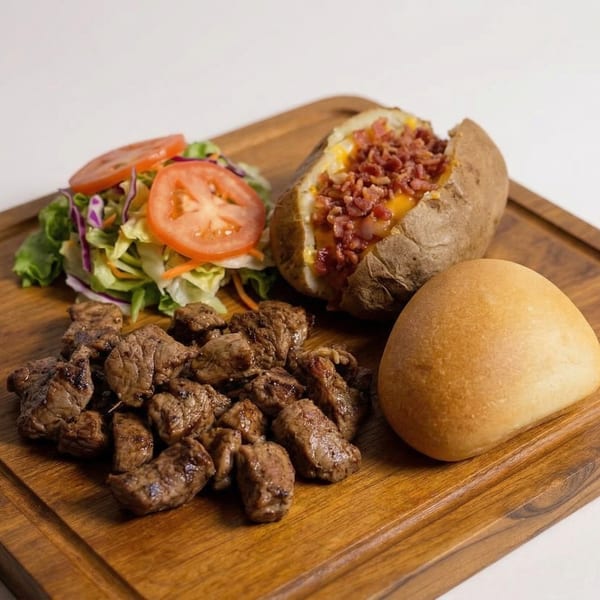 Diced steak, a loaded baked potato with bacon and cheese, a side salad, and a dinner roll.
