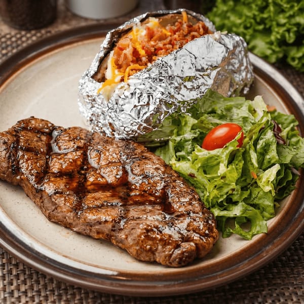Grilled steak, foil-wrapped baked potato with toppings, and a side salad with a cherry tomato.