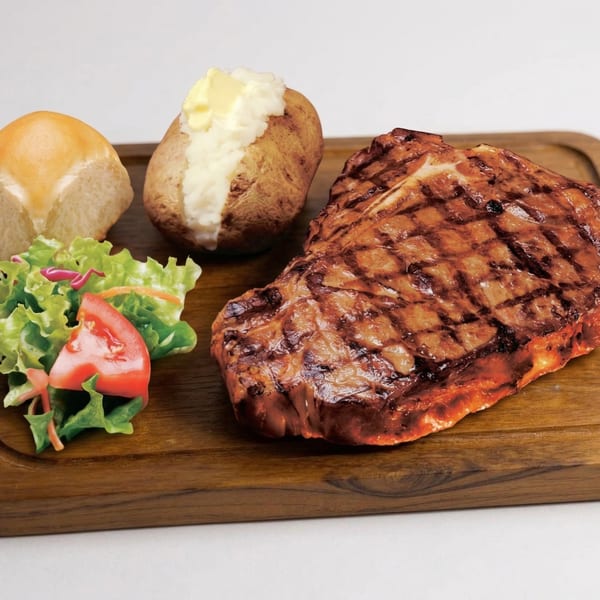Grilled steak with a baked potato, dinner rolls, and a side salad on a wooden board.