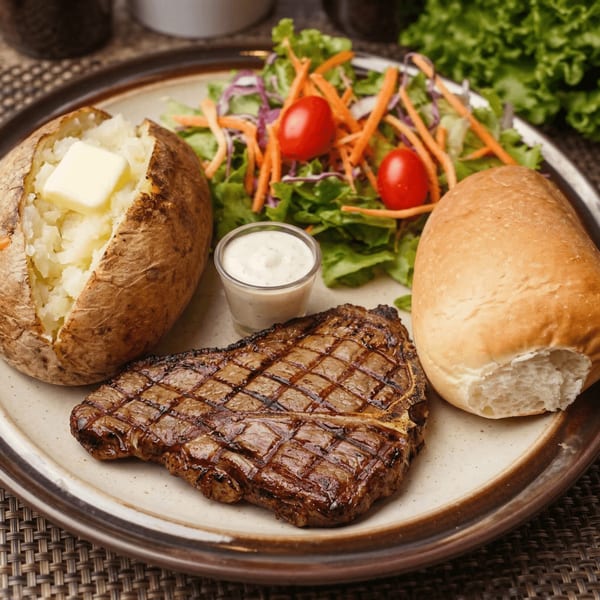 Grilled T-bone steak, baked potato with butter, side salad, dinner roll, and dipping sauce.