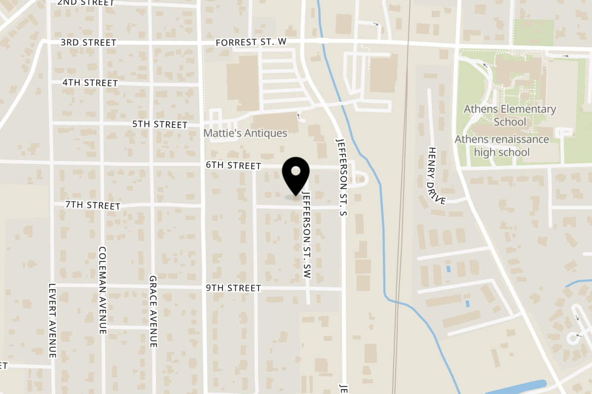 Map showing the location of Steak-Out - Decatur | Athens Athens on 1106 SW Jefferson Street in Athens